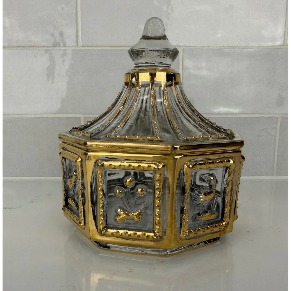 Imperial Glass Octagonal Trinket Box Gold Gilt Bird Flower Candy Dish With Lid